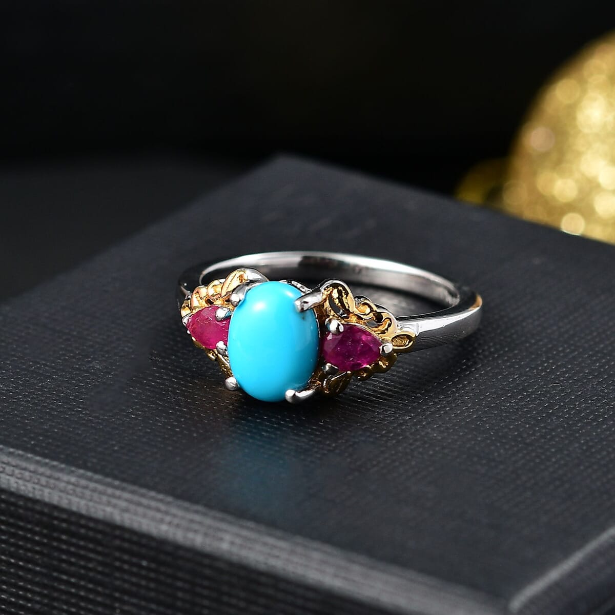 Sleeping Beauty Turquoise and Niassa Ruby (FF) 1.85 ctw Ring in 18K Vermeil YG and Rhodium Over Sterling Silver (Size 8.0) image number 1