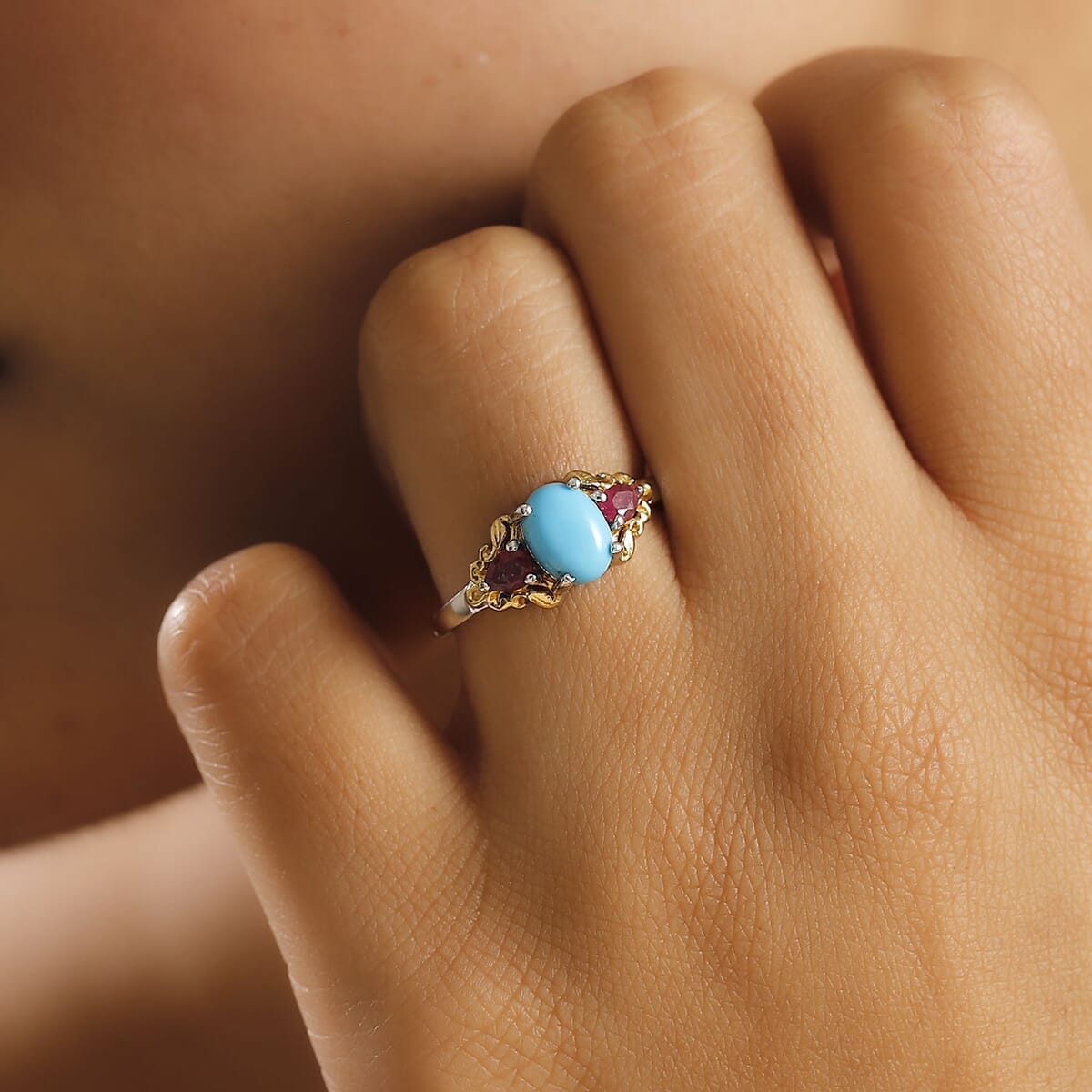 Sleeping Beauty Turquoise and Niassa Ruby (FF) 1.85 ctw Ring in 18K Vermeil YG and Rhodium Over Sterling Silver (Size 8.0) image number 2
