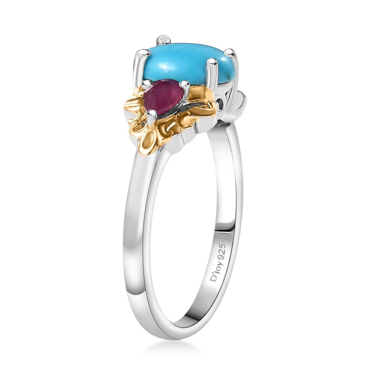 Sleeping Beauty Turquoise and Niassa Ruby (FF) 1.85 ctw Ring in 18K Vermeil YG and Rhodium Over Sterling Silver (Size 8.0) image number 3