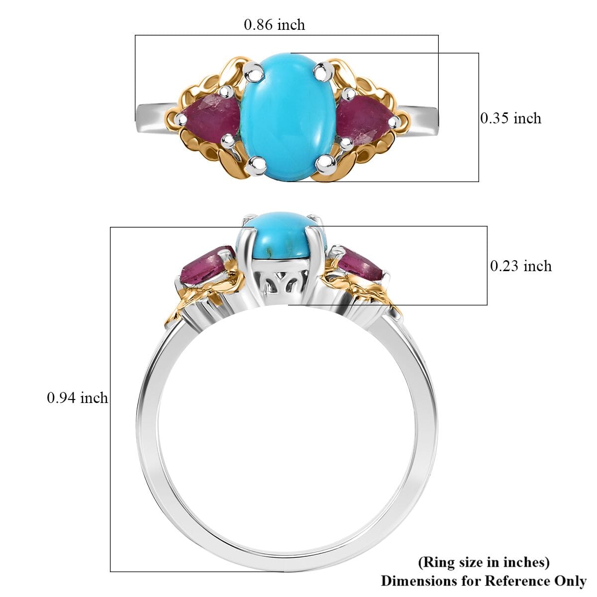 Sleeping Beauty Turquoise and Niassa Ruby (FF) 1.85 ctw Ring in 18K Vermeil YG and Rhodium Over Sterling Silver (Size 8.0) image number 5