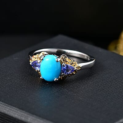 Sleeping Beauty Turquoise and Tanzanite 1.70 ctw Ring in 18K Vermeil YG and Rhodium Over Sterling Silver (Size 11.0)