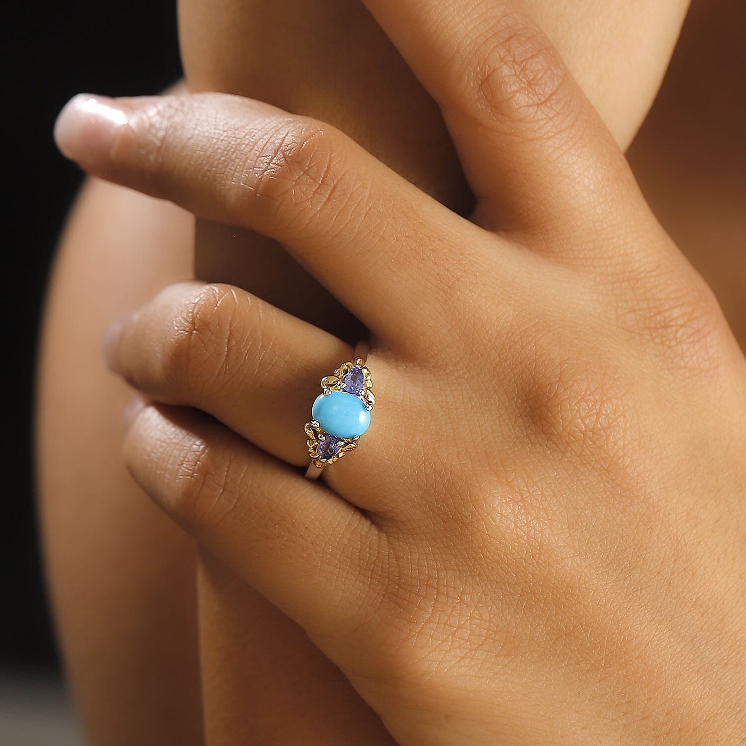 Sleeping Beauty Turquoise and Tanzanite 1.70 ctw Ring in 18K Vermeil YG and Rhodium Over Sterling Silver (Size 11.0)