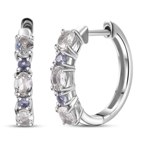 Premium Malagasy Moonstone and Tanzanite 1.15 ctw Hoop Earrings in Rhodium Over Sterling Silver