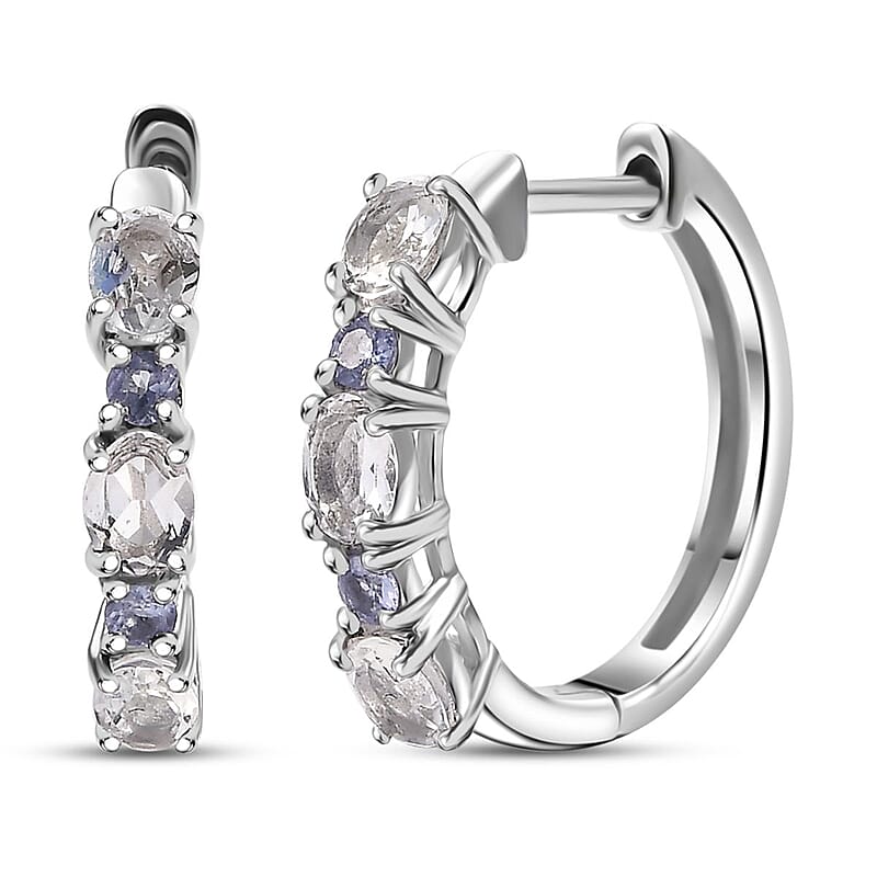 D'Joy Premium Malagasy Moonstone and Tanzanite 1.15 ctw Hoop Earrings in Rhodium Over Sterling Silver