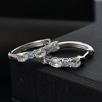 D'Joy Premium Malagasy Moonstone and Tanzanite 1.15 ctw Hoop Earrings in Rhodium Over Sterling Silver