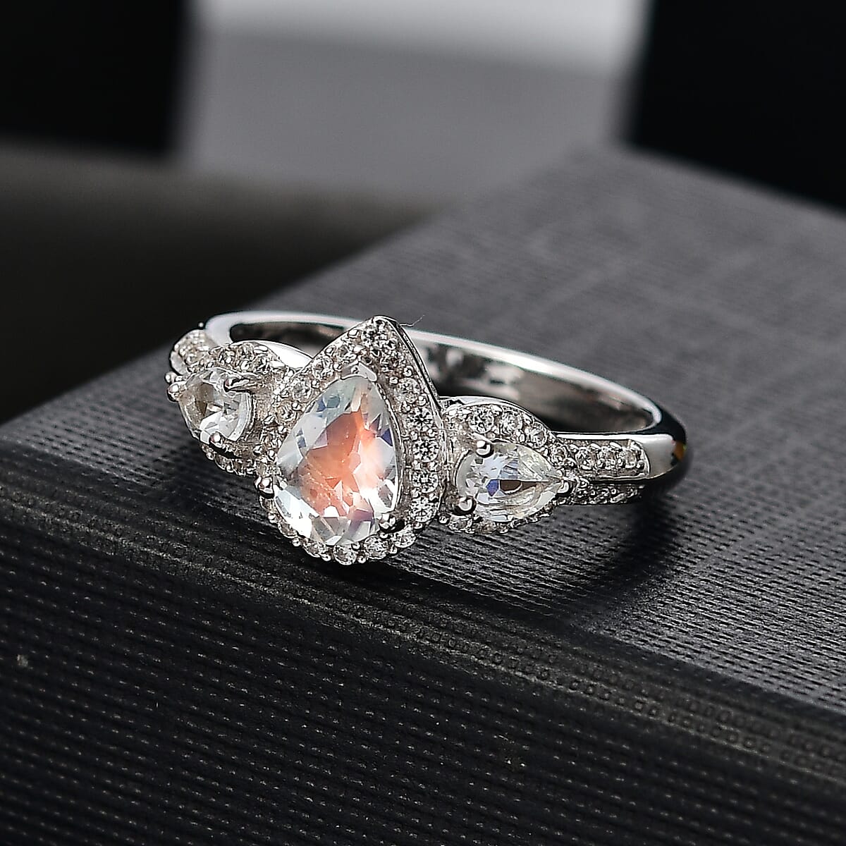 D'Joy Premium Malagasy Moonstone and White Zircon 1.60 ctw Scarlet Cascade Ring in Rhodium Over Sterling Silver (Size 10.0) (Del. in 8-10 Days) image number 1