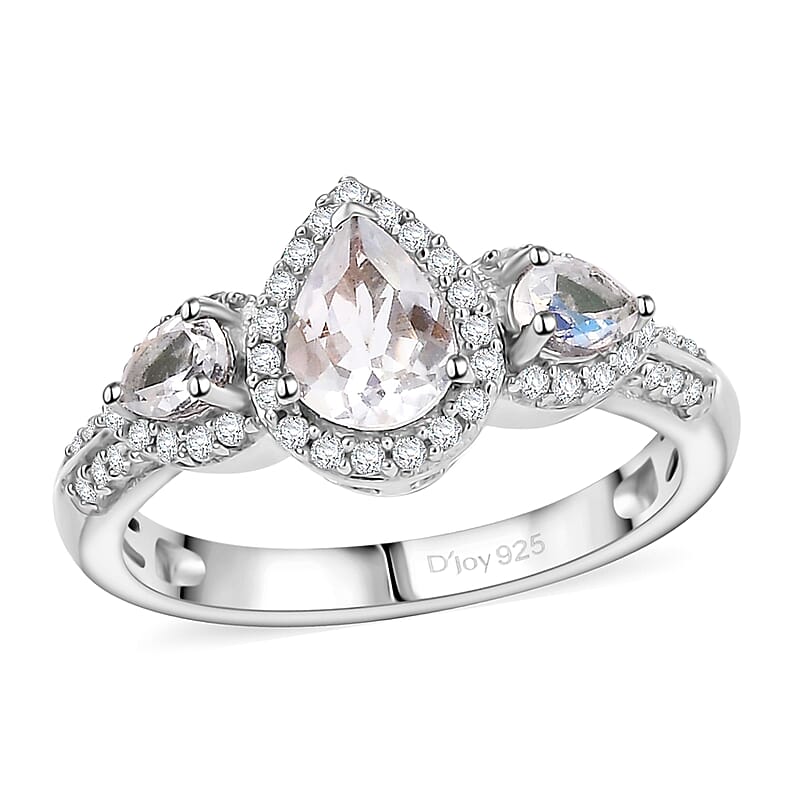 D'Joy Premium Malagasy Moonstone and White Zircon 1.60 ctw Scarlet Cascade Ring in Rhodium Over Sterling Silver (Size 6.0) (Del. in 8-10 Days)