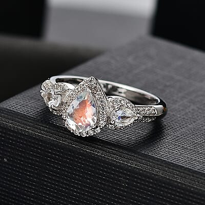 D'Joy Premium Malagasy Moonstone and White Zircon 1.60 ctw Scarlet Cascade Ring in Rhodium Over Sterling Silver (Size 6.0) (Del. in 8-10 Days)