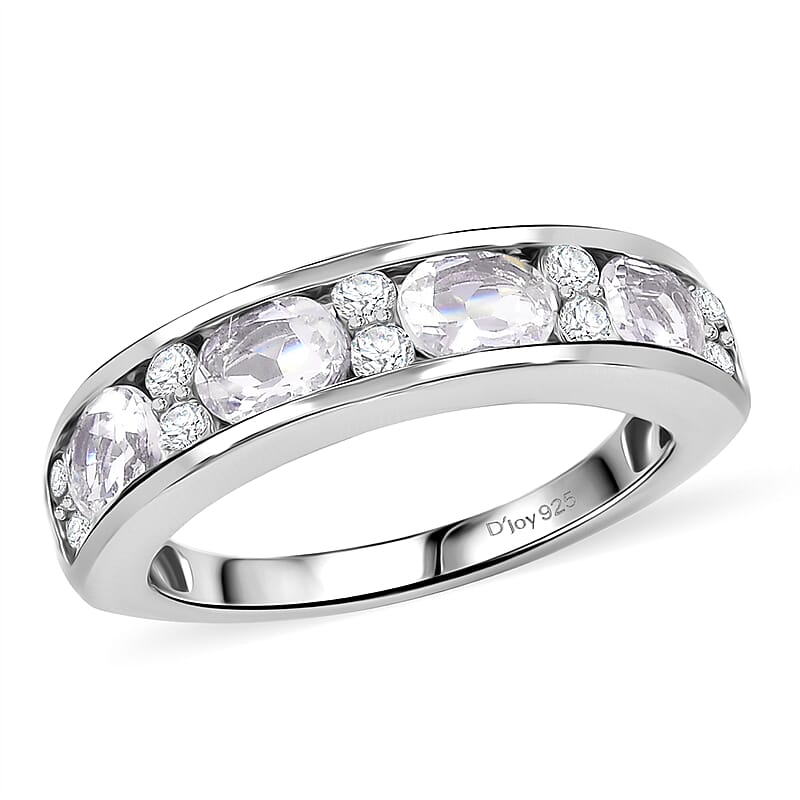 D'Joy Premium Malagasy Moonstone and Moissanite 1.60 ctw Band Ring in Rhodium Over Sterling Silver (Size 10.0) 