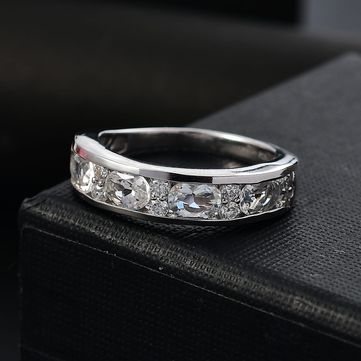 Premium Malagasy Moonstone and Moissanite 1.60 ctw Band Ring in Rhodium Over Sterling Silver (Size 5.0) (Del. in 8-10 Days) image number 1