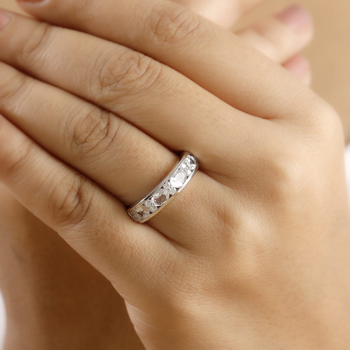 Premium Malagasy Moonstone and Moissanite 1.60 ctw Band Ring in Rhodium Over Sterling Silver (Size 5.0) (Del. in 8-10 Days) image number 2