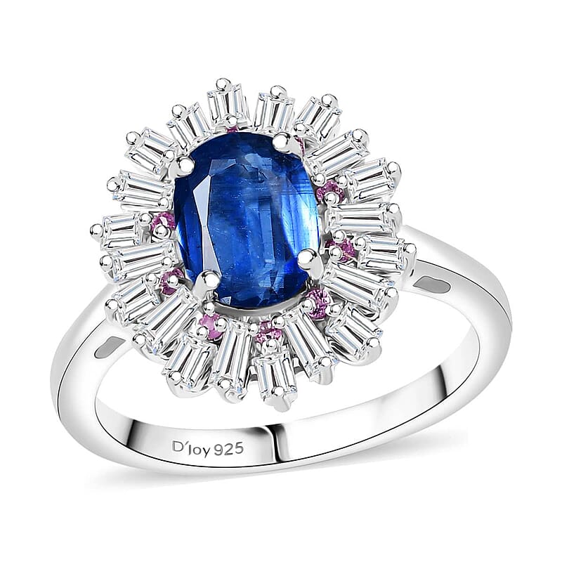 D'Joy Kashmir Kyanite and Multi Gemstone 2.65 ctw Scarlet Starburst Ring in Rhodium Over Sterling Silver (Size 10.0)