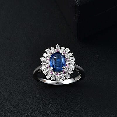D'Joy Kashmir Kyanite and Multi Gemstone 2.65 ctw Scarlet Starburst Ring in Rhodium Over Sterling Silver (Size 10.0)