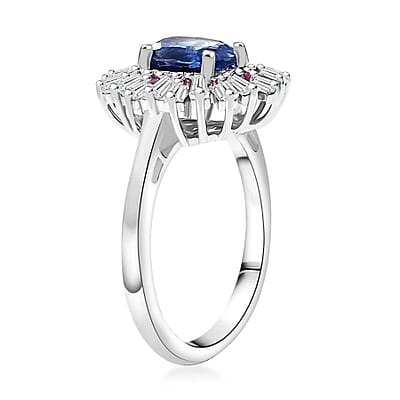 D'Joy Kashmir Kyanite and Multi Gemstone 2.65 ctw Scarlet Starburst Ring in Rhodium Over Sterling Silver (Size 10.0)