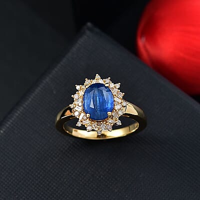Kashmir Kyanite, Natural Champagne and White Diamond 2.75 ctw Starburst Ring in 18K Vermeil Yellow Gold Over Sterling Silver (Size 10.0)