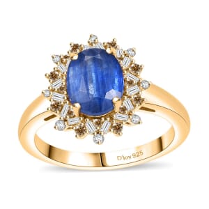 Kashmir Kyanite, Natural Champagne and White Diamond 2.75 ctw Starburst Ring in 18K Vermeil Yellow Gold Over Sterling Silver (Size 8.0)