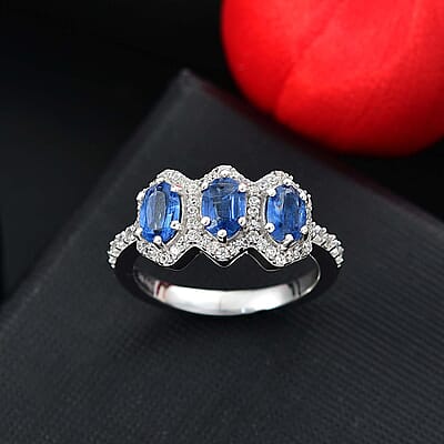 Kashmir Kyanite and White Zircon 2.30 ctw Triple Halo Ring in Rhodium Over Sterling Silver (Size 10.0)