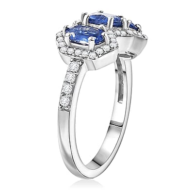 Kashmir Kyanite and White Zircon 2.30 ctw Triple Halo Ring in Rhodium Over Sterling Silver (Size 10.0)
