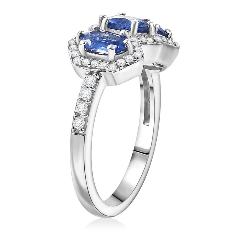 Kashmir Kyanite and White Zircon 2.30 ctw Triple Halo Ring in Rhodium Over Sterling Silver (Size 10.0)