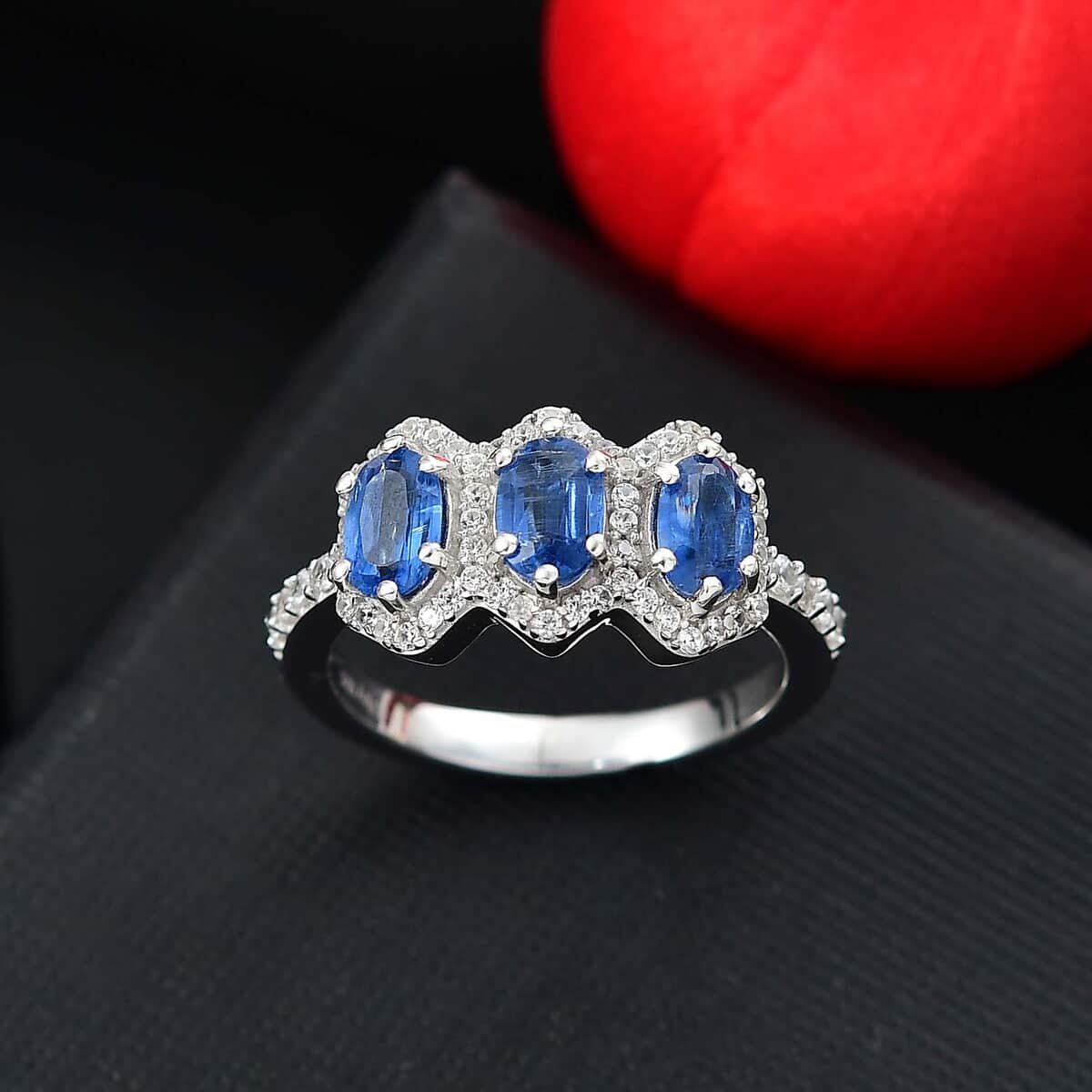 Kashmir Kyanite and White Zircon 2.30 ctw Triple Halo Ring in Rhodium Over Sterling Silver (Size 7.0) image number 1