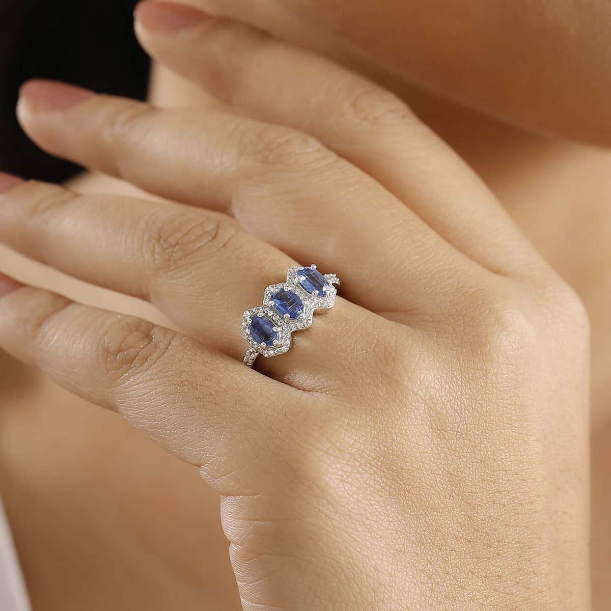 Kashmir Kyanite and White Zircon 2.30 ctw Triple Halo Ring in Rhodium Over Sterling Silver (Size 7.0) image number 2