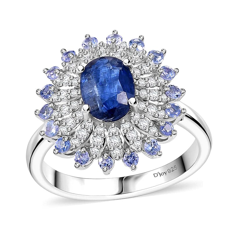 D'Joy Kashmir Kyanite and Multi Gemstone 2.40 ctw Floral Ring in Rhodium Over Sterling Silver (Size 10.0)