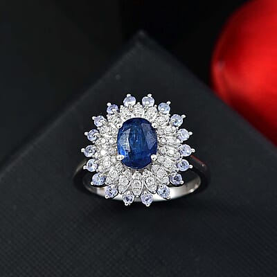 D'Joy Kashmir Kyanite and Multi Gemstone 2.40 ctw Floral Ring in Rhodium Over Sterling Silver (Size 10.0)
