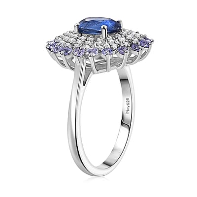 D'Joy Kashmir Kyanite and Multi Gemstone 2.40 ctw Floral Ring in Rhodium Over Sterling Silver (Size 10.0)