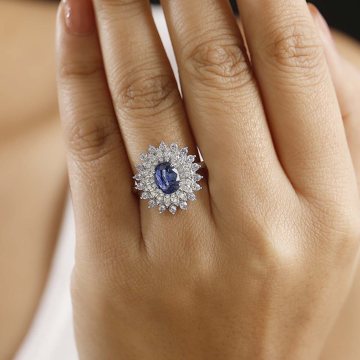 D'Joy Kashmir Kyanite and Multi Gemstone 2.40 ctw Floral Ring in Rhodium Over Sterling Silver (Size 5.0) image number 2