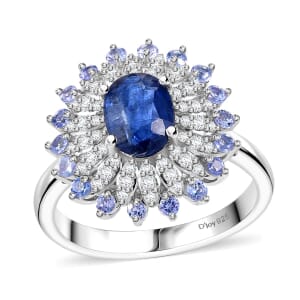 Kashmir Kyanite and Multi Gemstone 2.40 ctw Floral Ring in Rhodium Over Sterling Silver (Size 8.0)