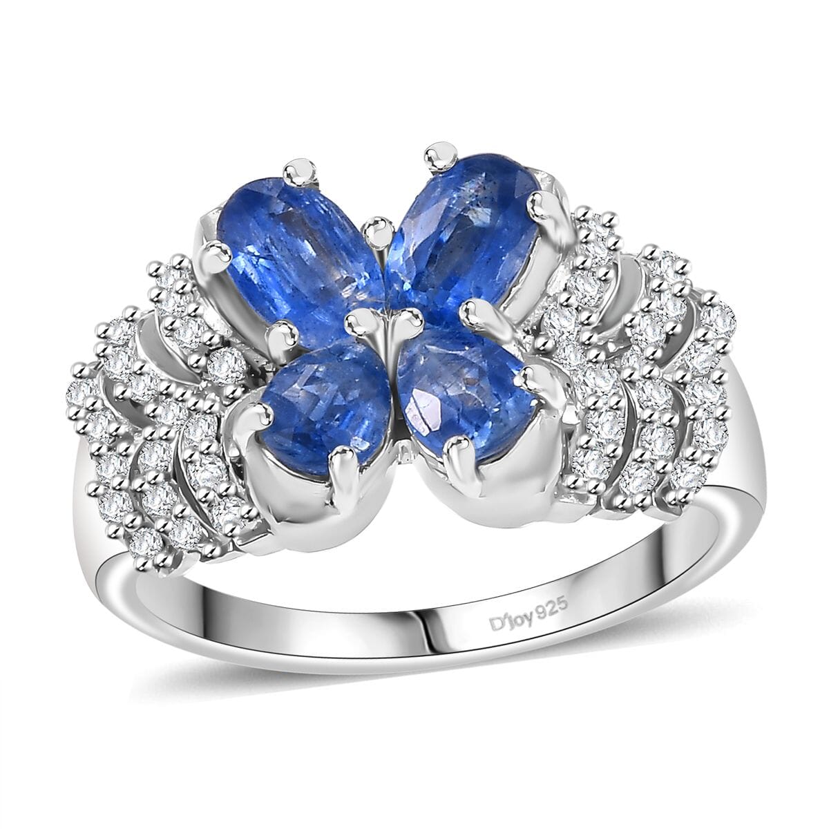 Kashmir Kyanite and White Zircon 2.40 ctw Butterfly Ring in Rhodium Over Sterling Silver (Size 8.0) image number 0
