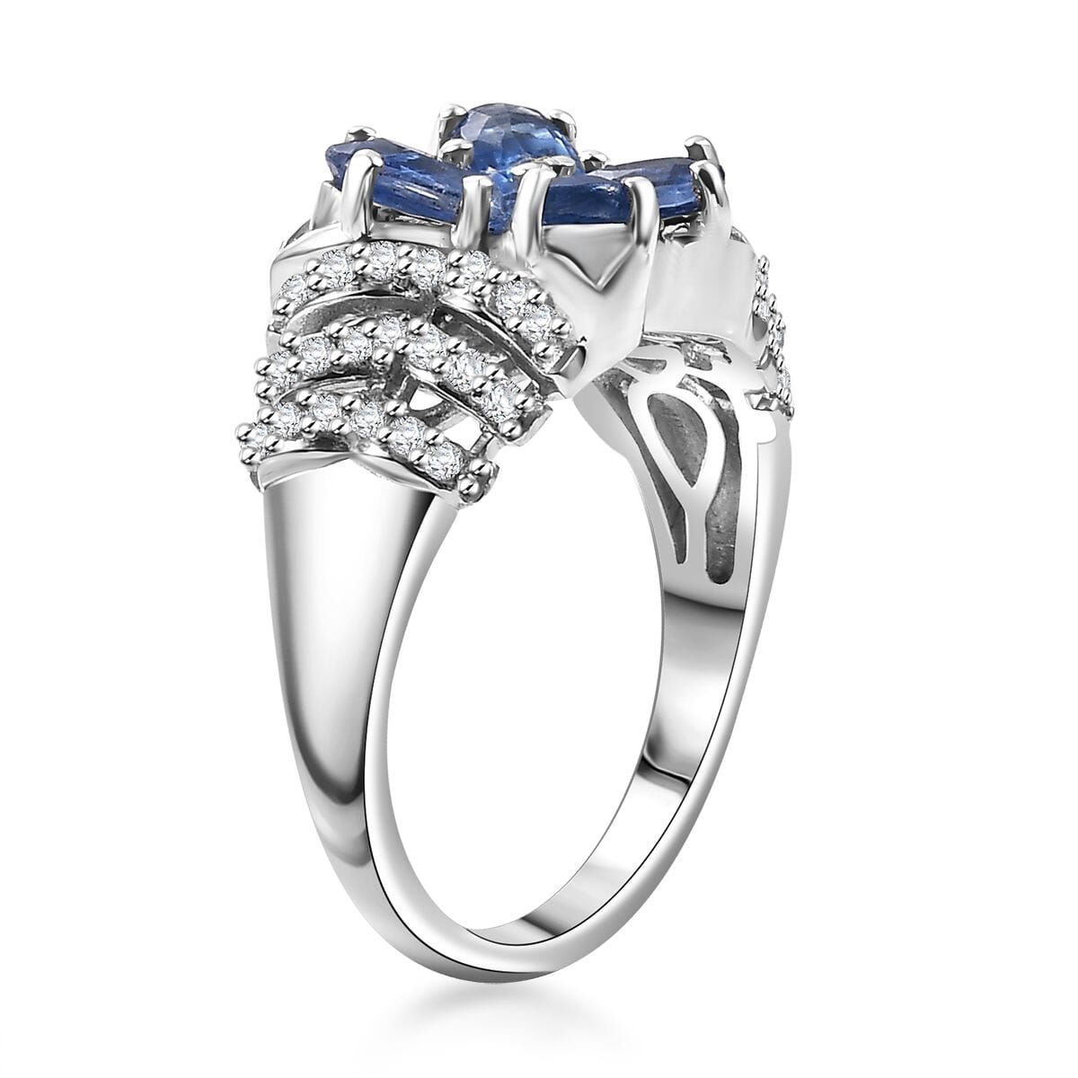 Kashmir Kyanite and White Zircon 2.40 ctw Butterfly Ring in Rhodium Over Sterling Silver (Size 8.0) image number 3