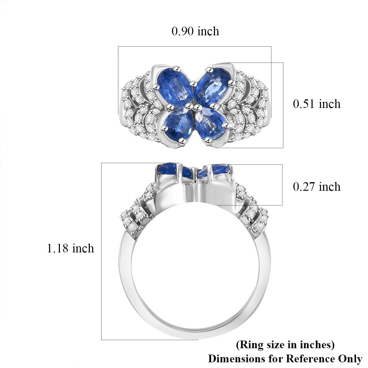 Kashmir Kyanite and White Zircon 2.40 ctw Butterfly Ring in Rhodium Over Sterling Silver (Size 8.0) image number 5