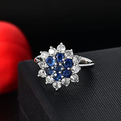 Kashmir Kyanite and White Zircon 2.80 ctw Floral Ring in Rhodium Over Sterling Silver (Size 10.0)
