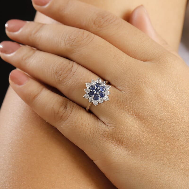Kashmir Kyanite and White Zircon 2.80 ctw Floral Ring in Rhodium Over Sterling Silver (Size 10.0)