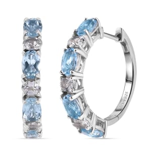 Sky Blue Topaz and White Topaz 5.85 ctw Hoop Earrings in Platinum Over Sterling Silver