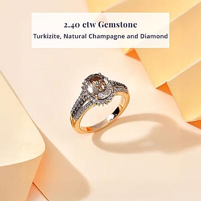 Luxoro AAA Turkizite, I2 Natural Champagne and Diamond 2.40 ctw Vintage Luxe Ring in 14K Yellow Gold (Size 8.0)