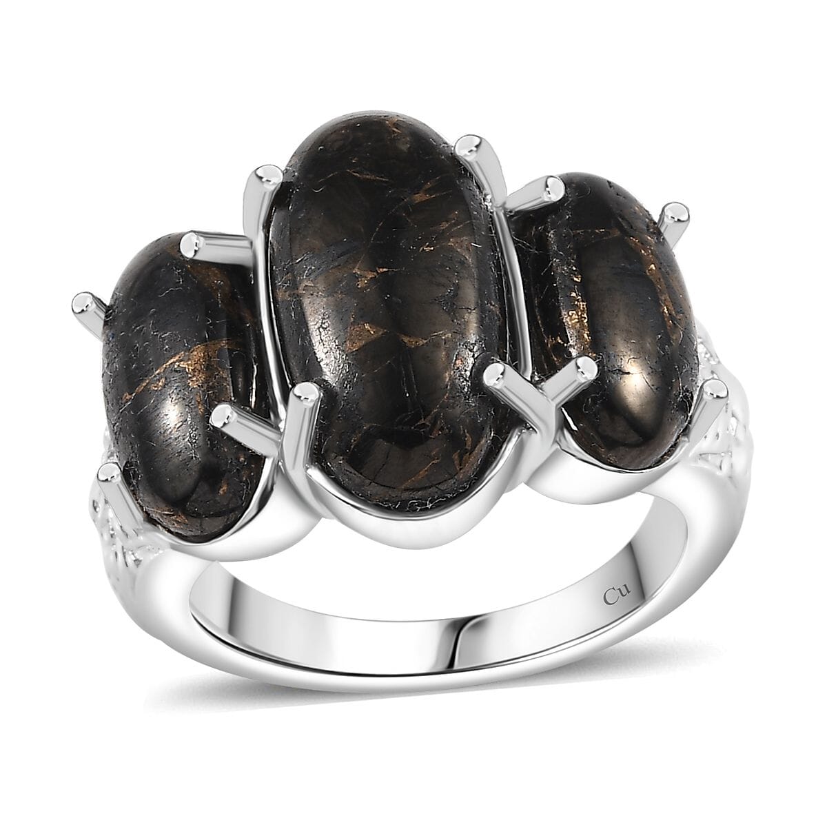 Matrix Silver Shungite 7.00 ctw 3 Stone Ring in Platinum Over Copper (Size 10.0) image number 0