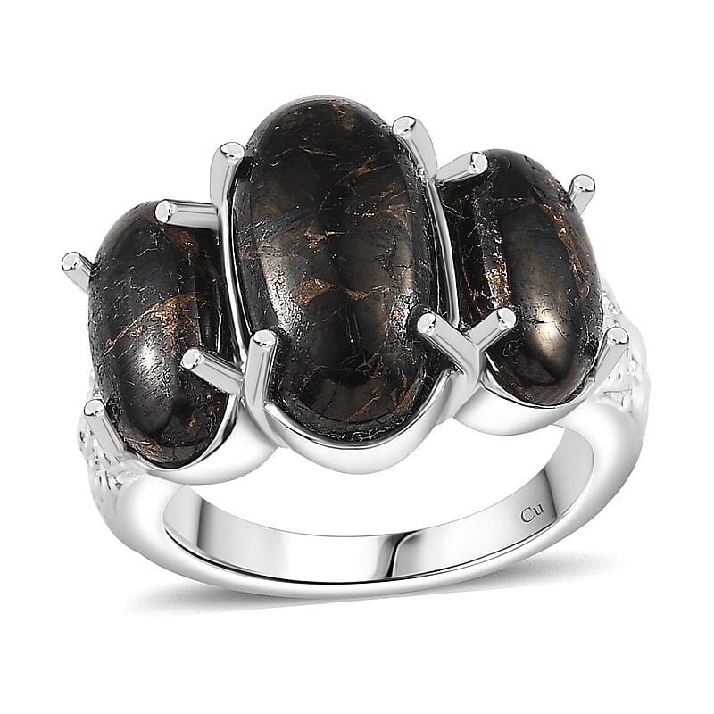 Matrix Silver Shungite 7.00 ctw 3 Stone Ring in Platinum Over Copper (Size 10.0)