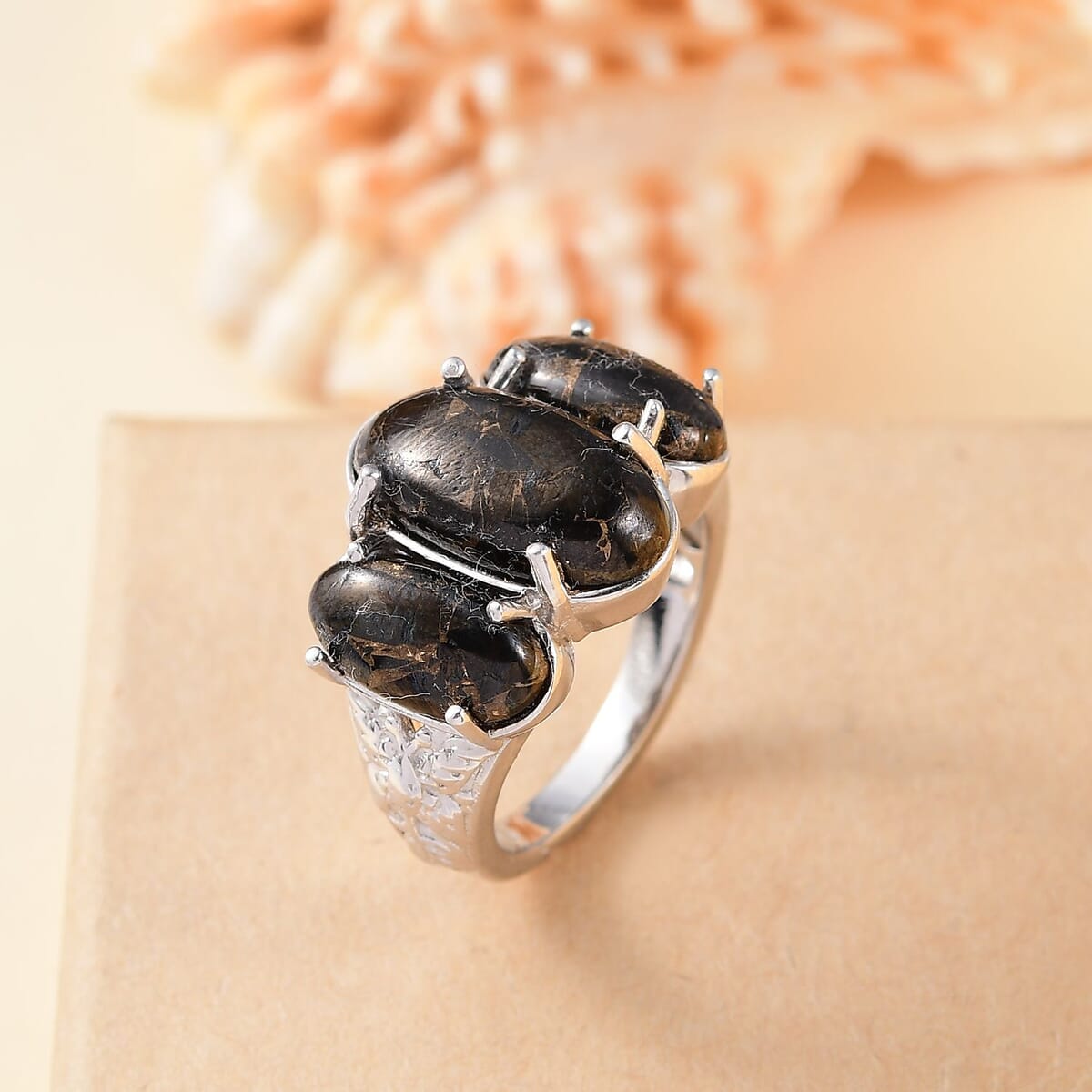 Matrix Silver Shungite 7.00 ctw 3 Stone Ring in Platinum Over Copper (Size 10.0) image number 1