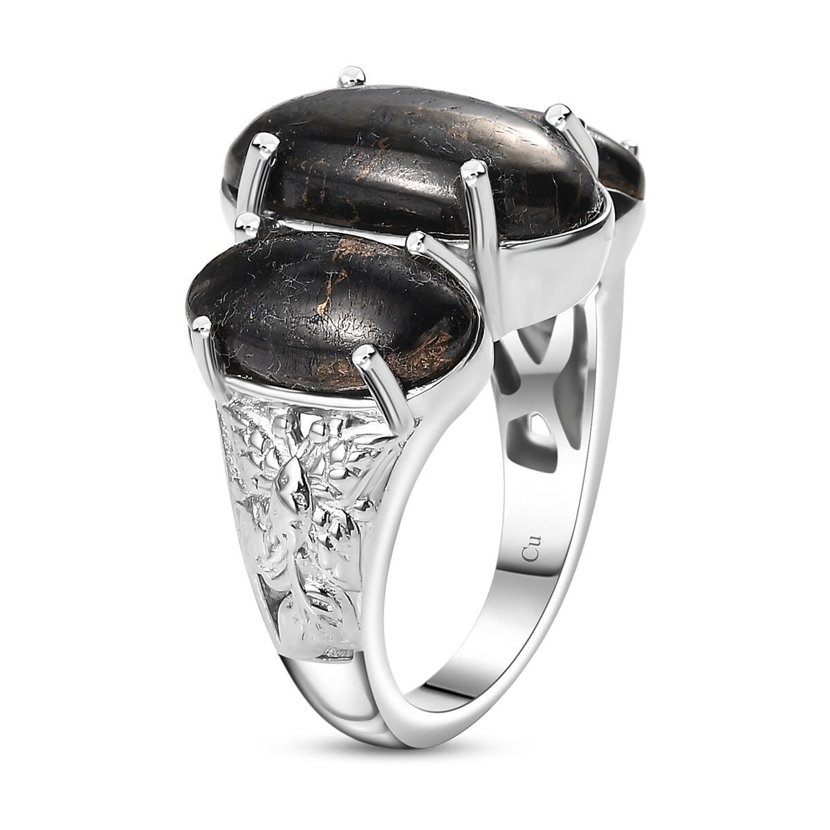 Matrix Silver Shungite 7.00 ctw 3 Stone Ring in Platinum Over Copper (Size 10.0) image number 3