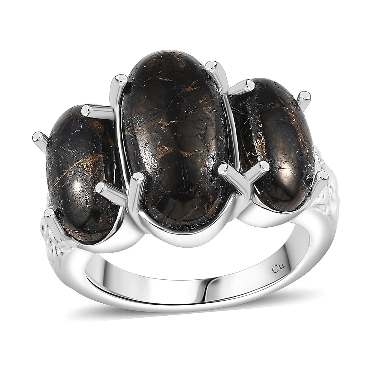 Matrix Silver Shungite 7.00 ctw 3 Stone Ring in Platinum Over Copper (Size 8.0) image number 0