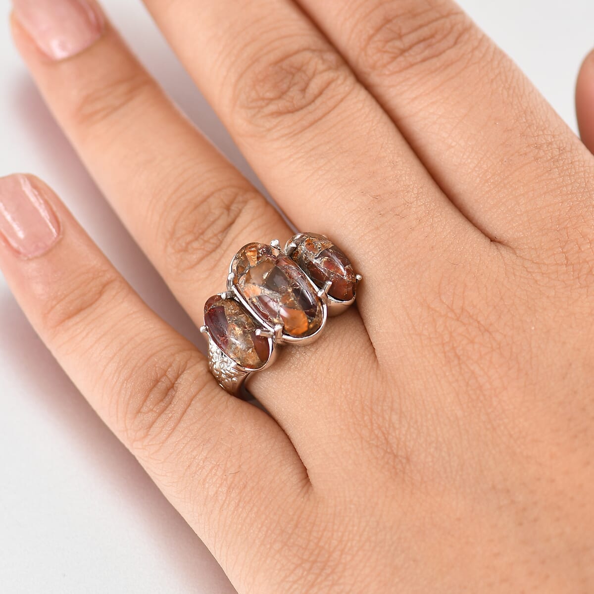 Matrix Fire Opal 7.65 ctw 3 Stone Ring in Platinum Over Copper with Magnet (Size 11.0)  image number 2