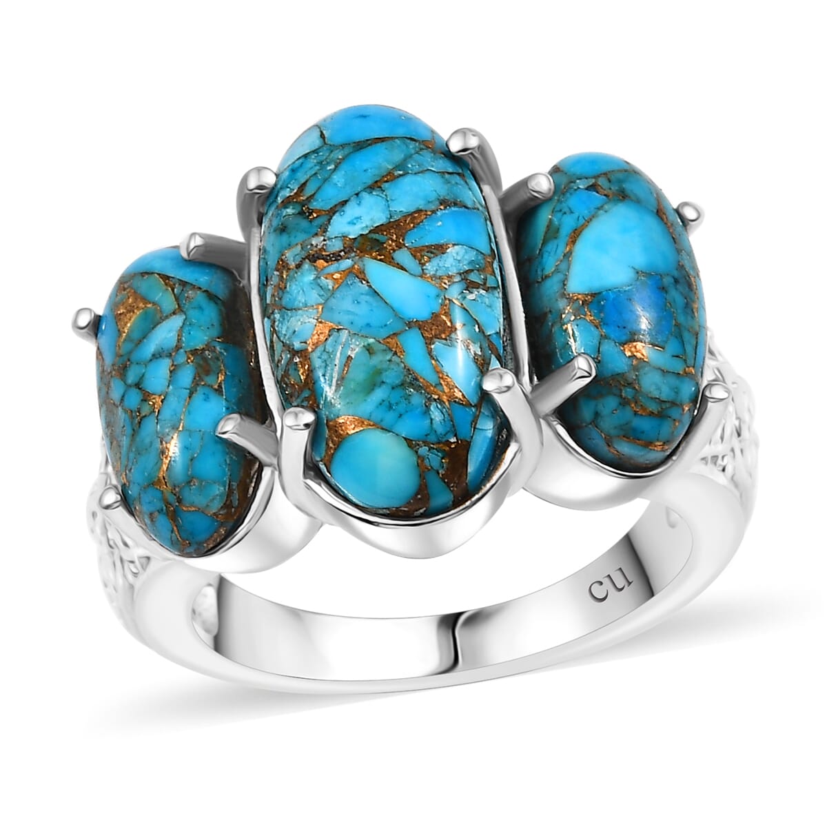 Matrix Chestnut Brine Turquoise 8.35 ctw 3 Stone Ring in Platinum Over Copper with Magnet (Size 10.0) image number 0