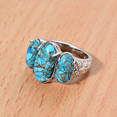 Matrix Chestnut Brine Turquoise 8.35 ctw 3 Stone Ring in Platinum Over Copper with Magnet (Size 10.0)
