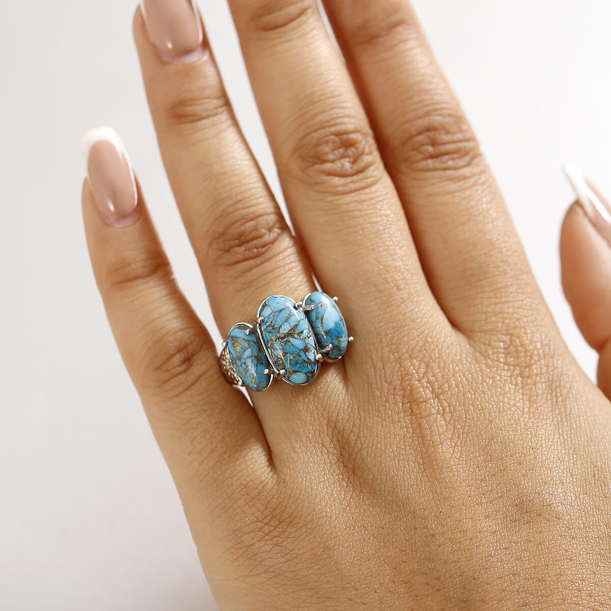 Matrix Chestnut Brine Turquoise 8.35 ctw 3 Stone Ring in Platinum Over Copper with Magnet (Size 10.0) image number 2