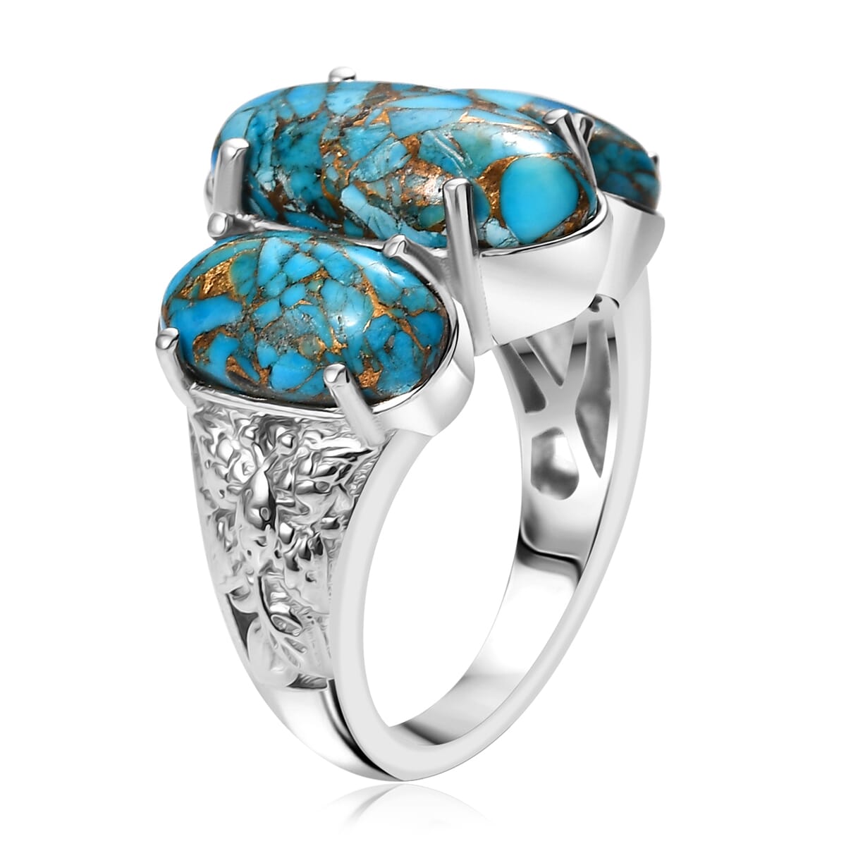 Matrix Chestnut Brine Turquoise 8.35 ctw 3 Stone Ring in Platinum Over Copper with Magnet (Size 10.0) image number 3