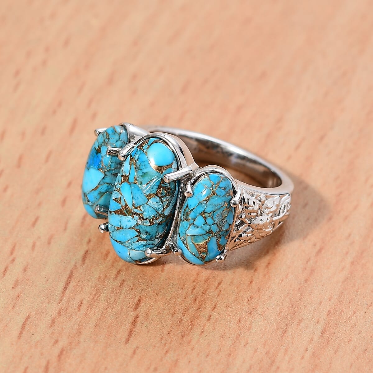 Matrix Chestnut Brine Turquoise 8.35 ctw 3 Stone Ring in Platinum Over Copper with Magnet (Size 7.0) image number 1
