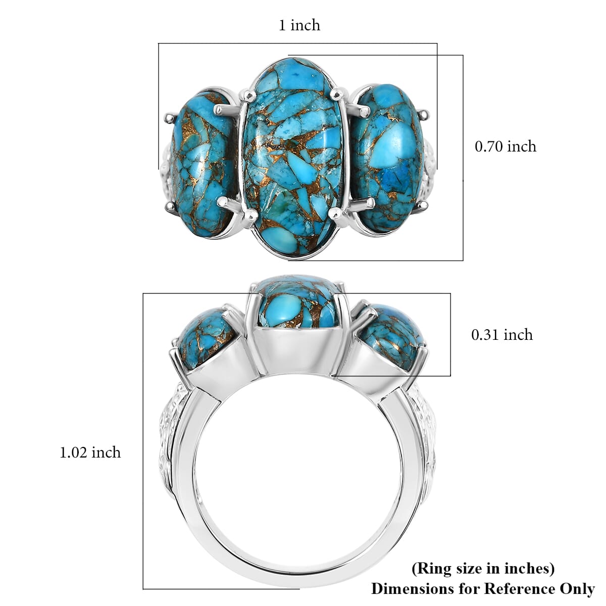 Matrix Chestnut Brine Turquoise 8.35 ctw 3 Stone Ring in Platinum Over Copper with Magnet (Size 7.0) image number 5