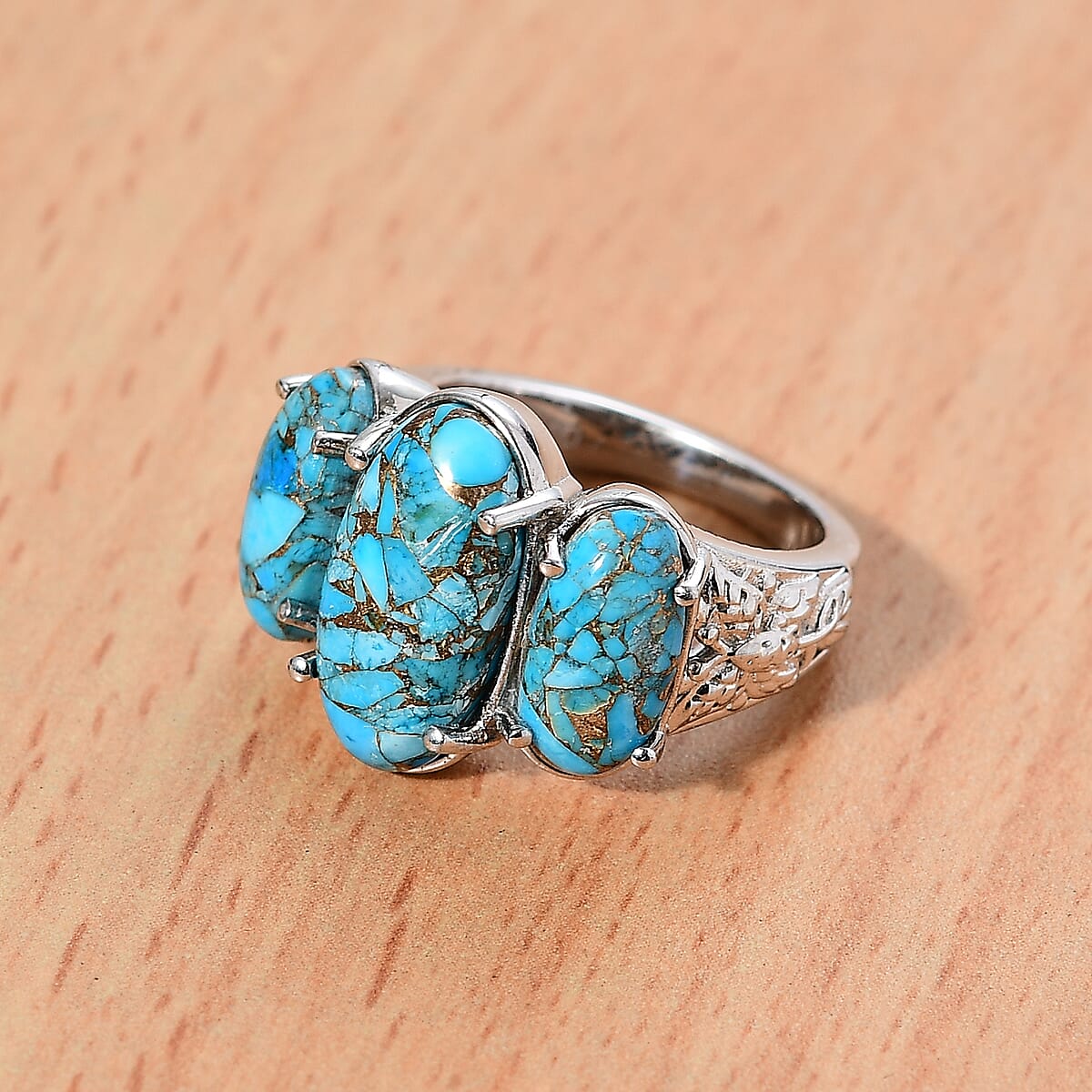 Matrix Chestnut Brine Turquoise 8.35 ctw 3 Stone Ring in Platinum Over Copper with Magnet (Size 9.0) image number 1